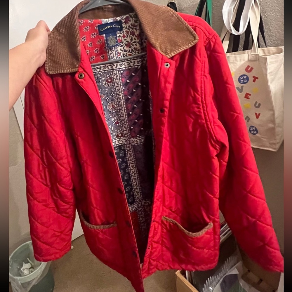 Red puffer quilted jacket